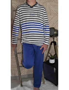 Pyjama  Manches Longues rayé Ciel/Gris