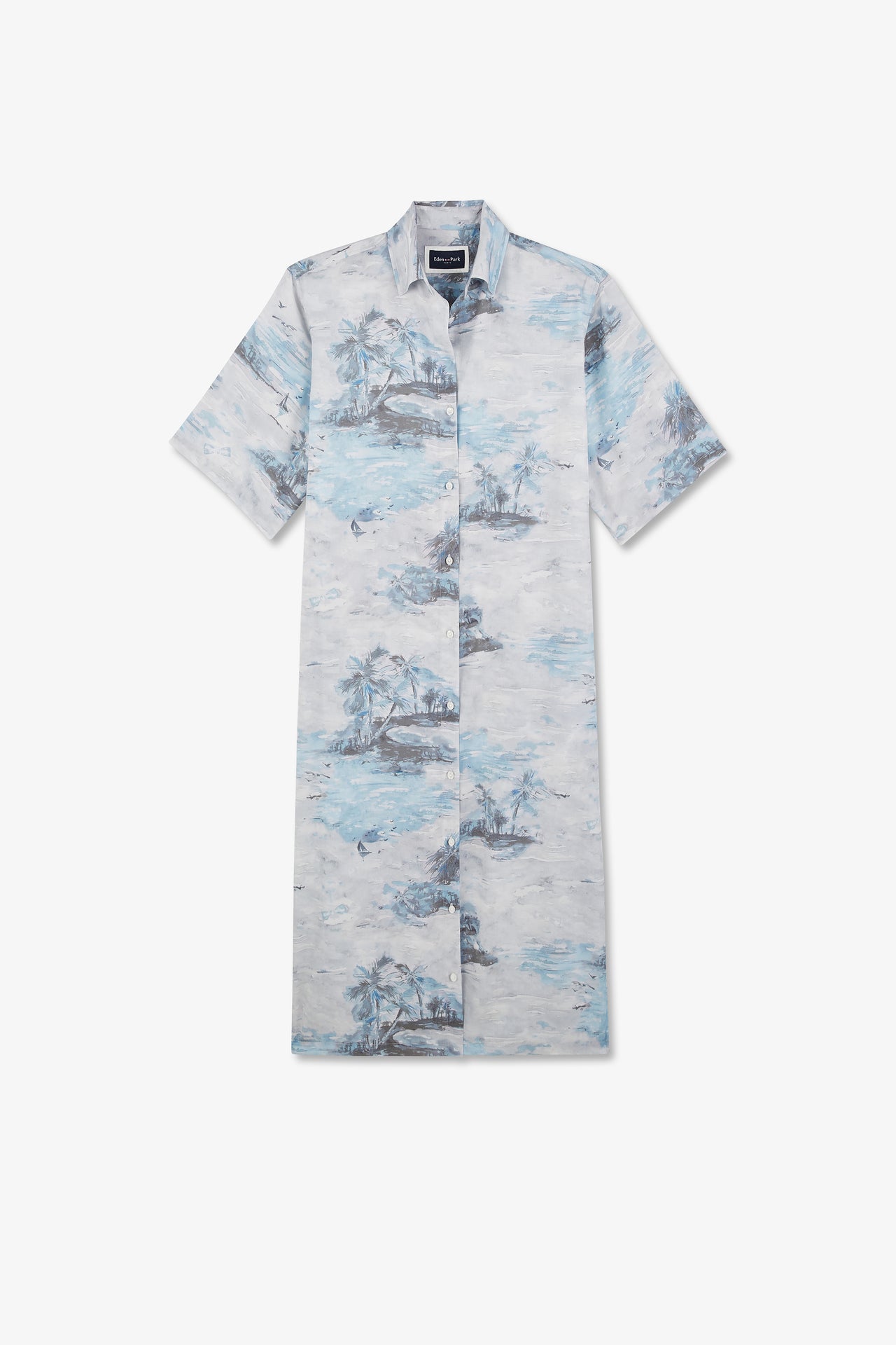 Robe chemise en lyocell bleu imprimé Palmiers