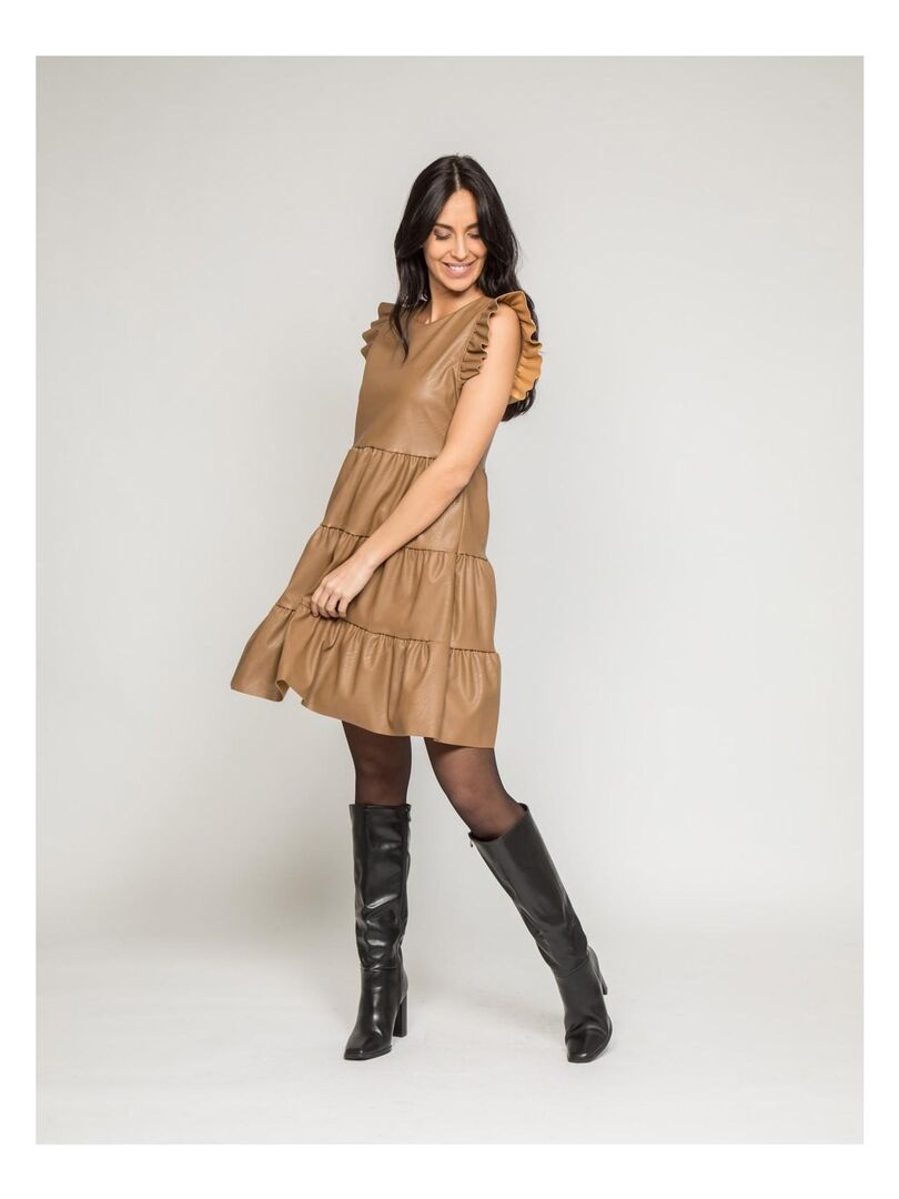 Robe courte similicuir IODINE - Beige
