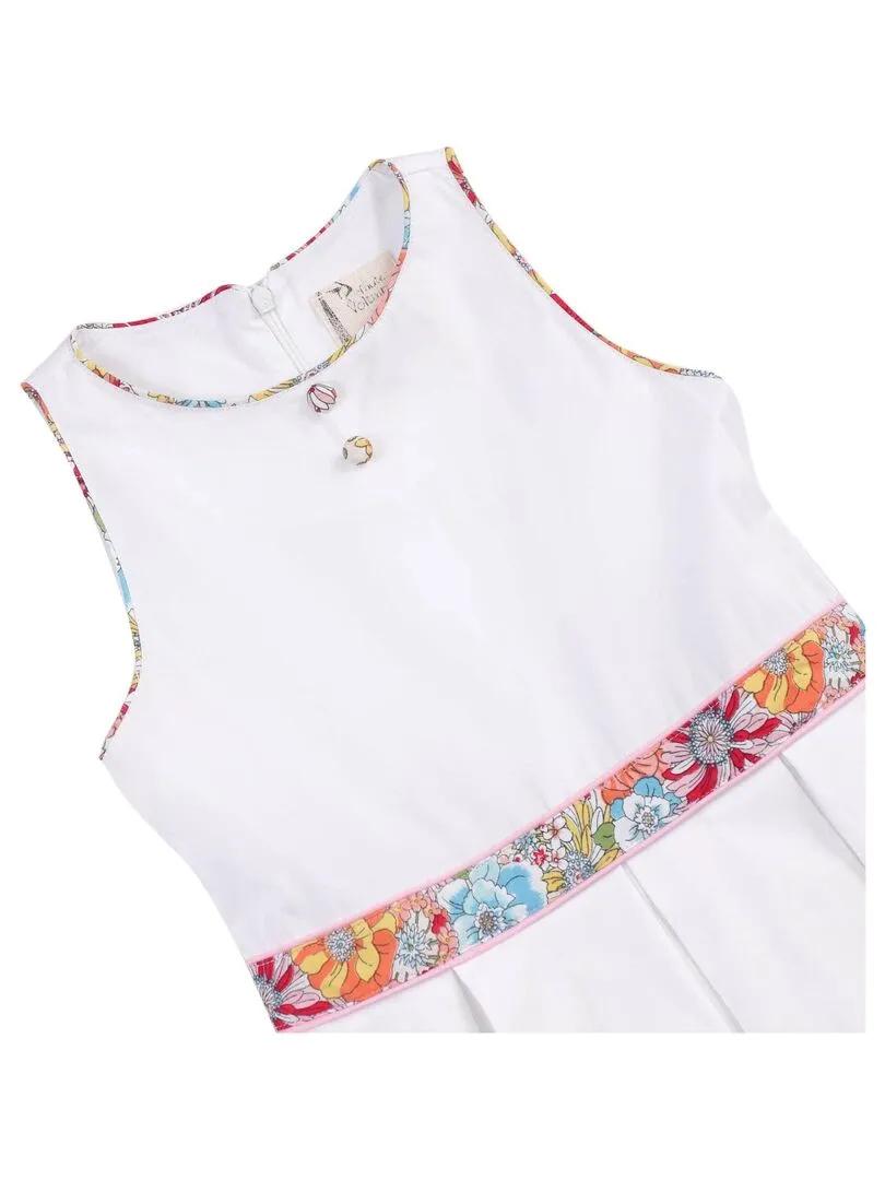 Robe Cérémonie Fille  Coton Blanc Fleurie Liberty Rose  HEPBURN - La Faute à Voltaire - Blanc