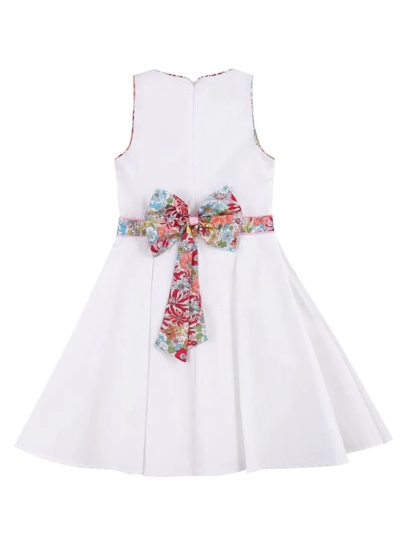 Robe Cérémonie Fille  Coton Blanc Fleurie Liberty Rose  HEPBURN - La Faute à Voltaire - Blanc
