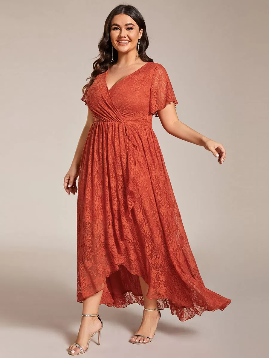 Robe de soirée en dentelle plissée à manches courtes et col en V Grande taille