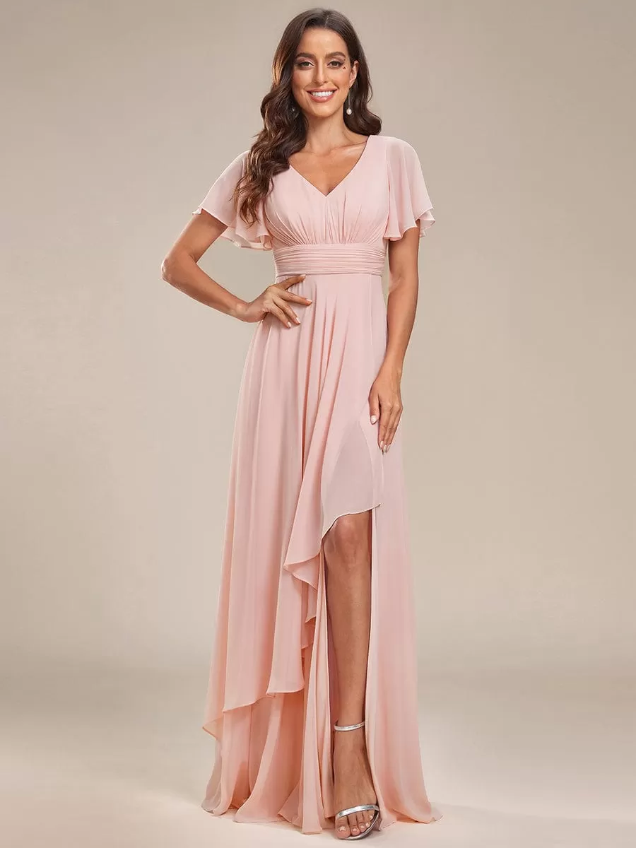 Robe de soirée en mousseline à manches volantées et à volants