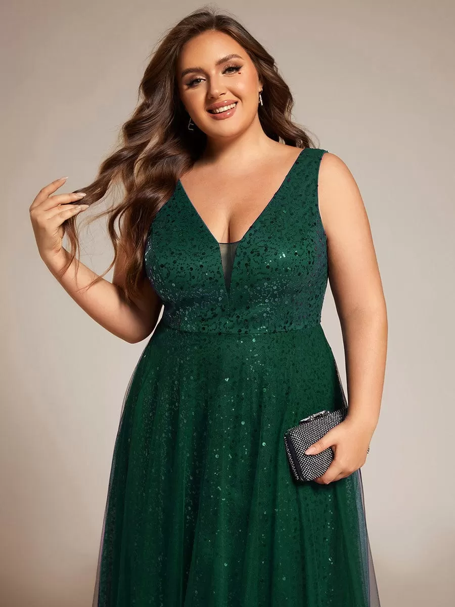 Robe de soirée en tulle transparent sans manches à col en V et paillettes