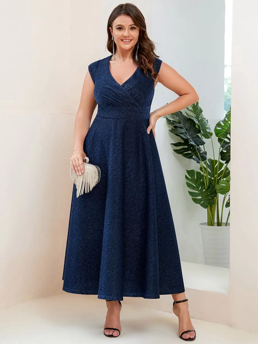 Robe de Soirée Plissée A-ligne à Manches Courtes de Grande Taille