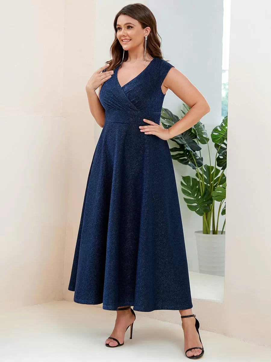 Robe de Soirée Plissée A-ligne à Manches Courtes de Grande Taille