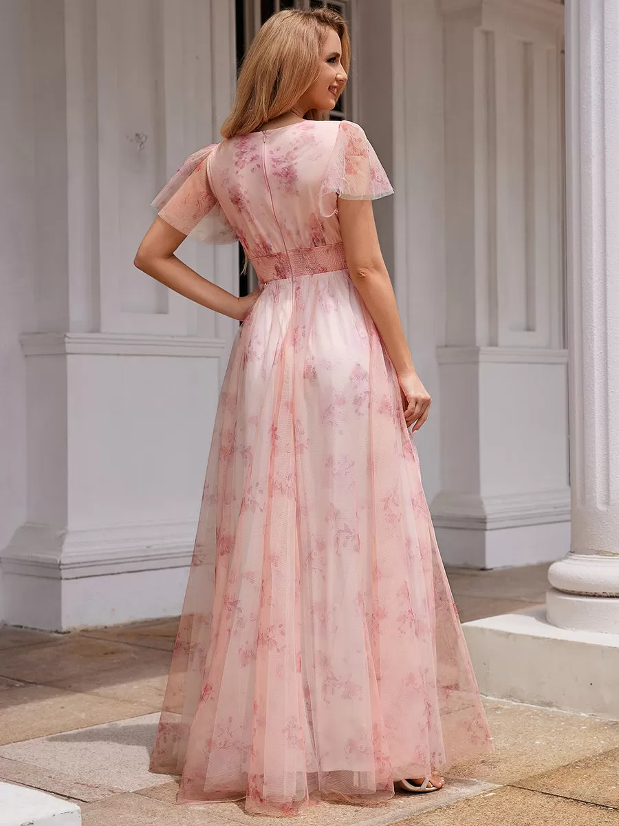 Robe de soirée trapèze en tulle floral col en V manches courtes