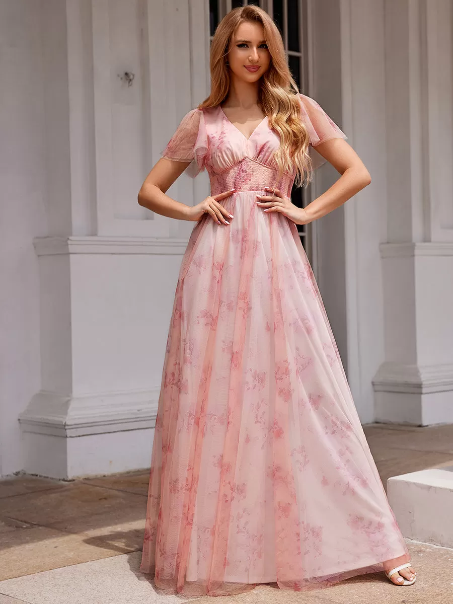 Robe de soirée trapèze en tulle floral col en V manches courtes