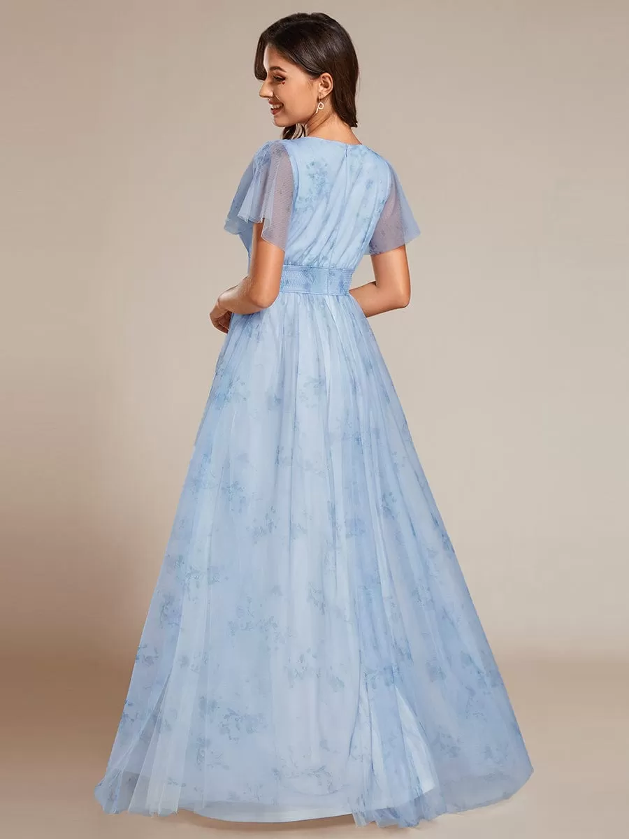 Robe de soirée trapèze en tulle floral col en V manches courtes