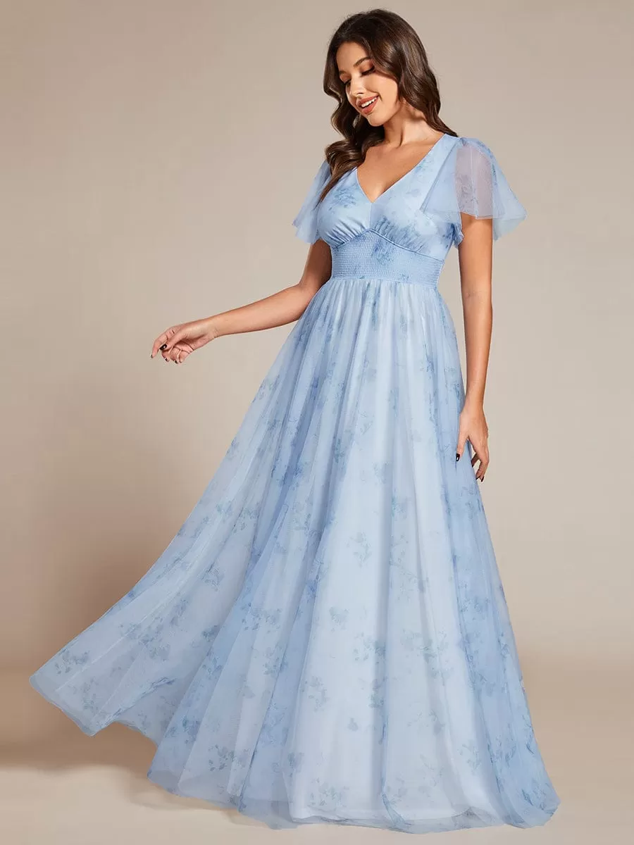 Robe de soirée trapèze en tulle floral col en V manches courtes