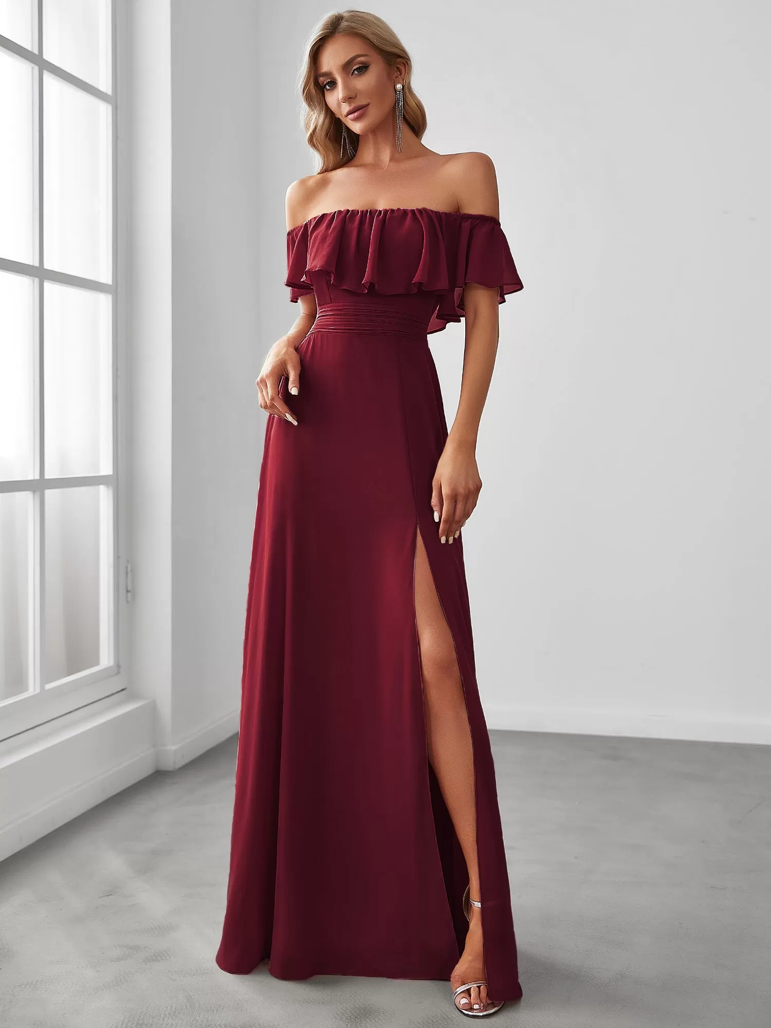 Robe Demoiselle d'Honneur belle Longue Fendue à épaules Dénudées