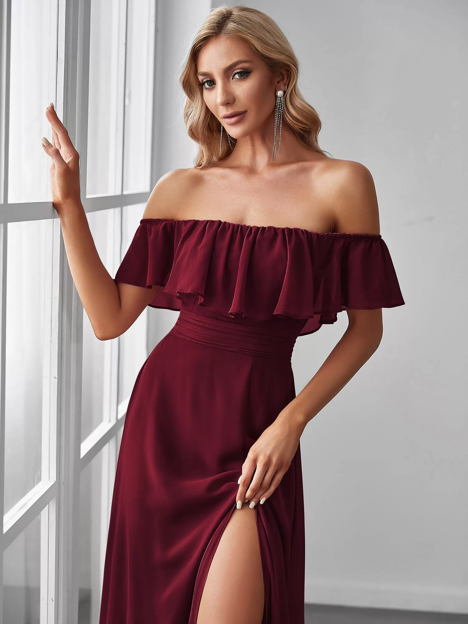 Robe Demoiselle d'Honneur belle Longue Fendue à épaules Dénudées