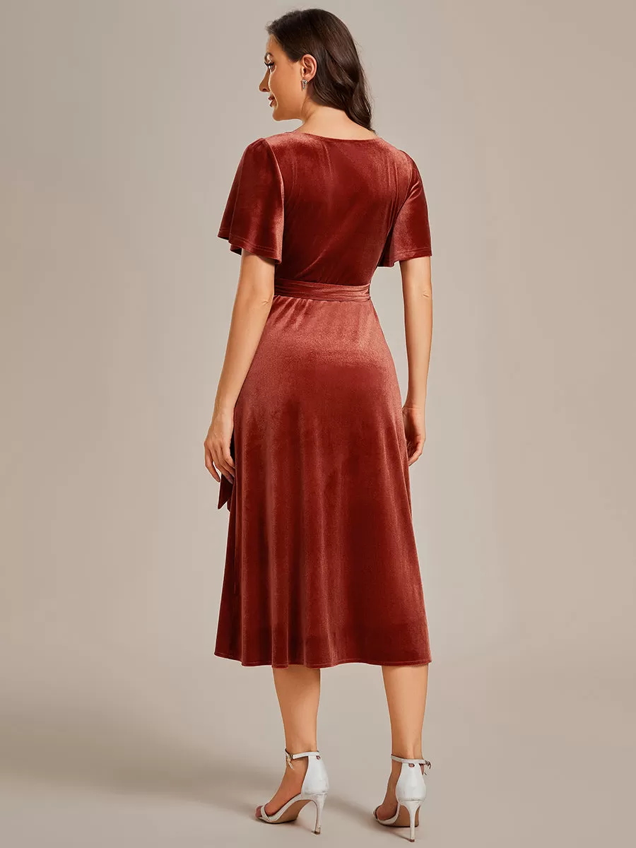Robe d'invité de mariage mi-longue en velours type une pièce manches courtes col en V