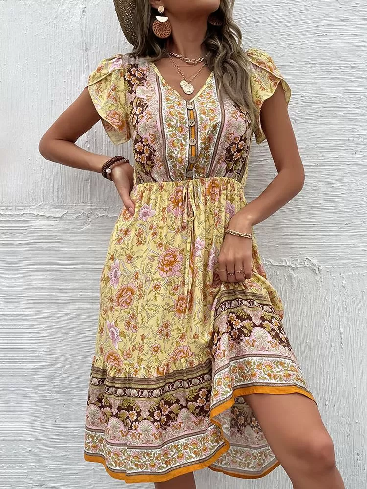 Robe fleurie courte jaune style Boho ample et fluide | Tendance Fleurie