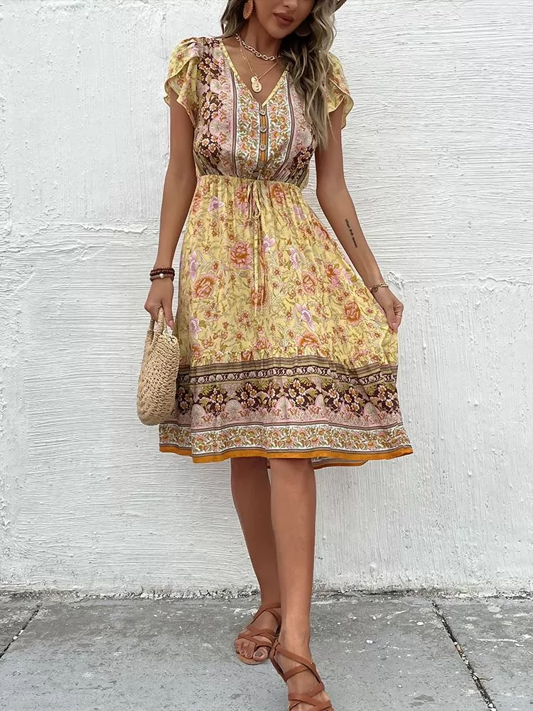 Robe fleurie courte jaune style Boho ample et fluide | Tendance Fleurie