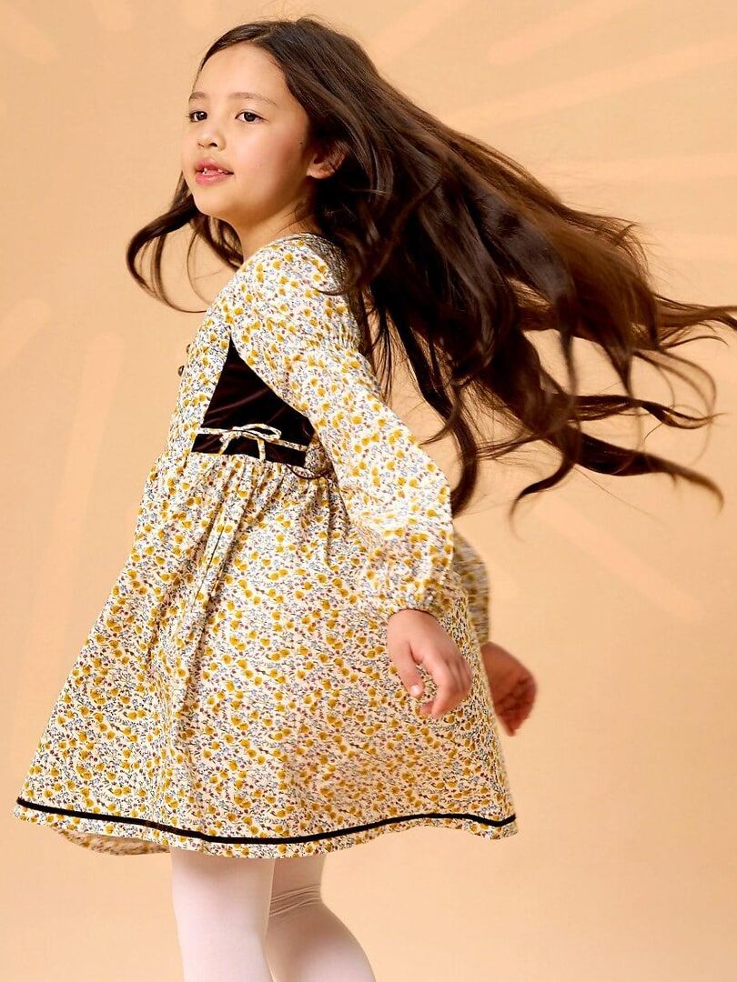 Robe Fleurie Liberty Jaune  Marron Fille  MARGOT - La Faute à Voltaire - Jaune