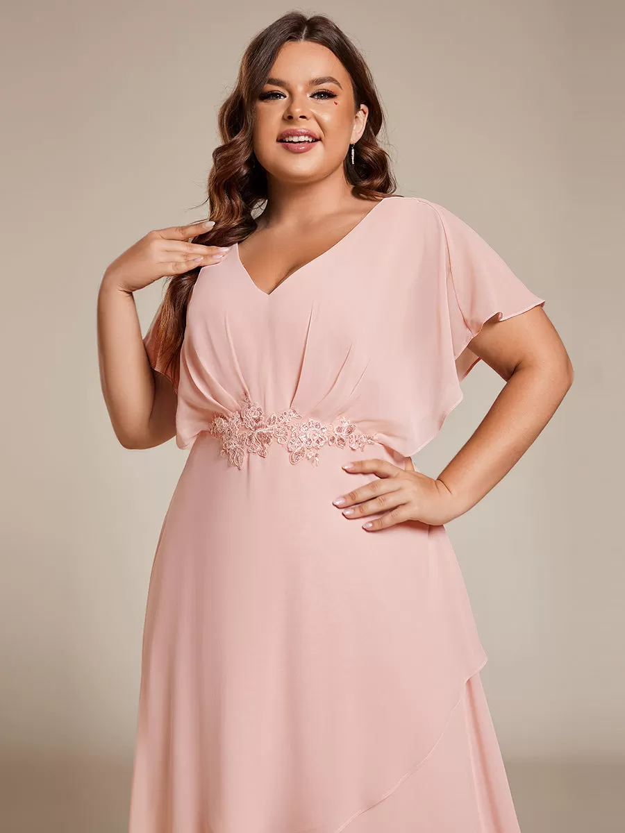 Robe Formelle élégante à Manches Courtes Et Taille Trapèze Avec Ourlet En Feuille De Lotus