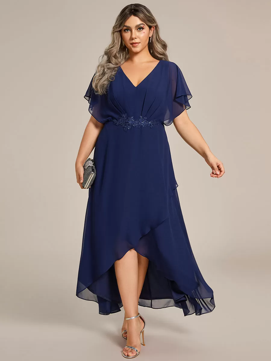 Robe Formelle élégante à Manches Courtes Et Taille Trapèze Avec Ourlet En Feuille De Lotus