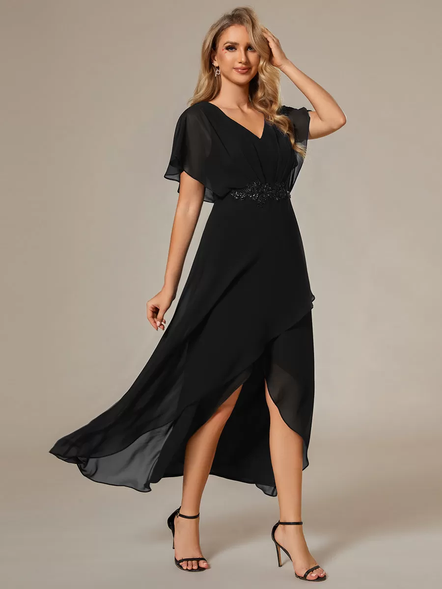 Robe Formelle élégante à Manches Courtes Et Taille Trapèze Avec Ourlet En Feuille De Lotus