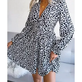 Robe Léopard Courte Manches Lanternes Blanche
