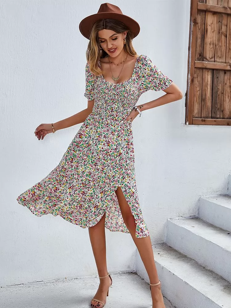 Robe mi-longue à imprimé floral d'été | Tendance Fleurie