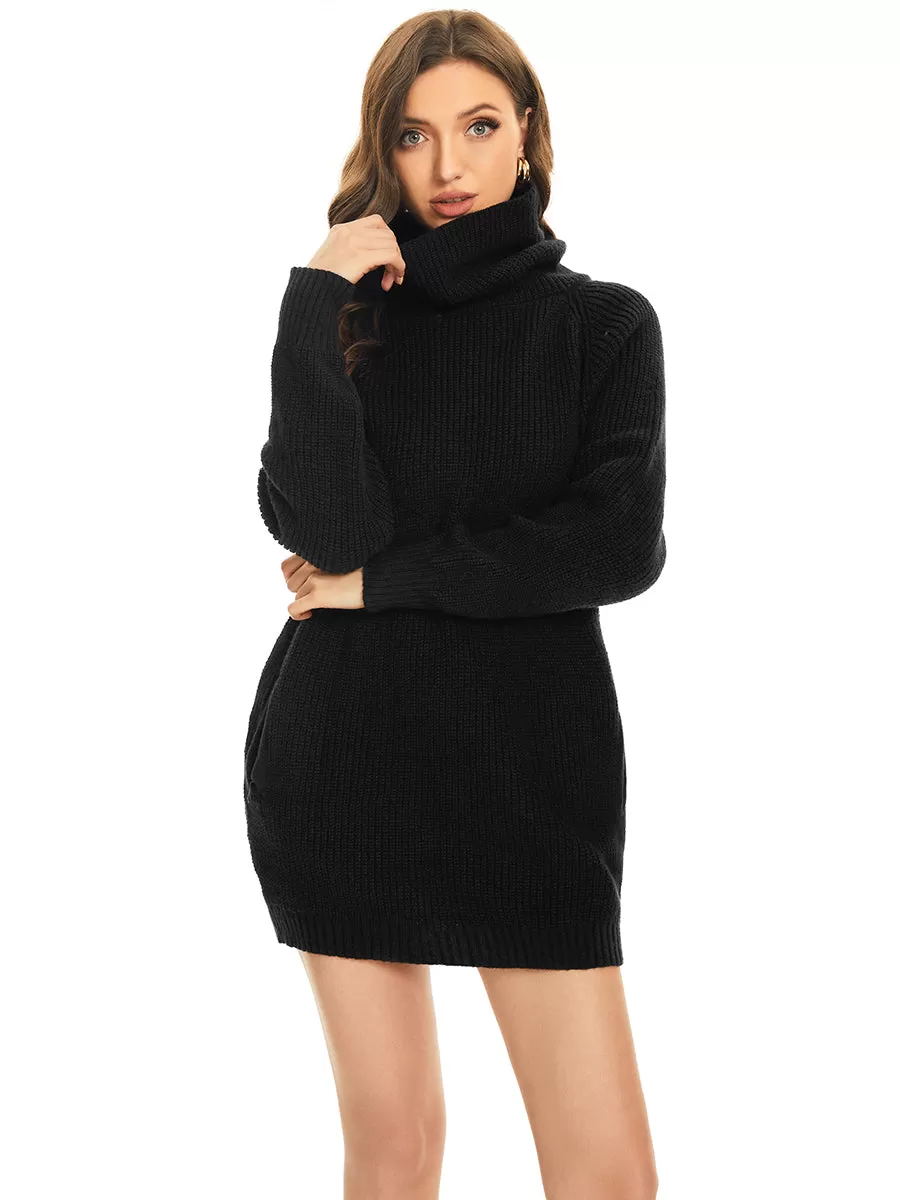 Robe pull courte à col roulé et manches longues avec poche