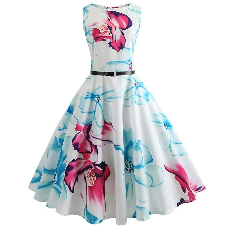 Robe vintage Blanche à Fleurs Roses Sans Manches