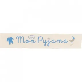 Ruban sergé Mon pyjama - turquoise sur fond écru x 25cm