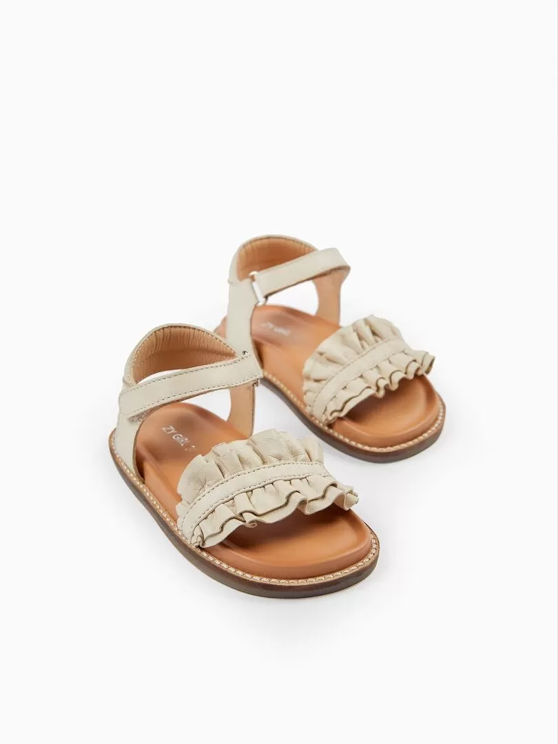 Sandales en Cuir avec Volants Bébé Fille   ISLAND CLUB - Blanc