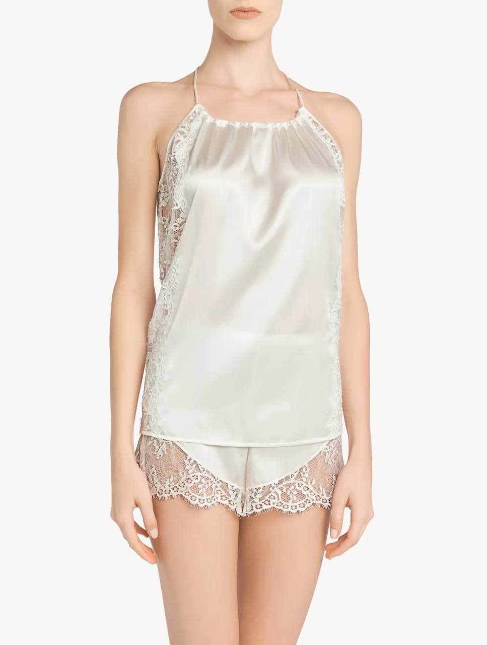 Short de pyjama en soie blanc cassé avec finitions en dentelle Leavers
