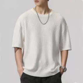  T-shirt à manches courtes gaufré et lâche tricoté pour homme 