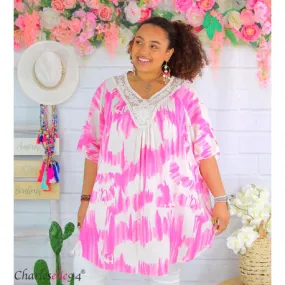 Tunique longue OLIANA été légère tie and dye fuchsia femme grande taille