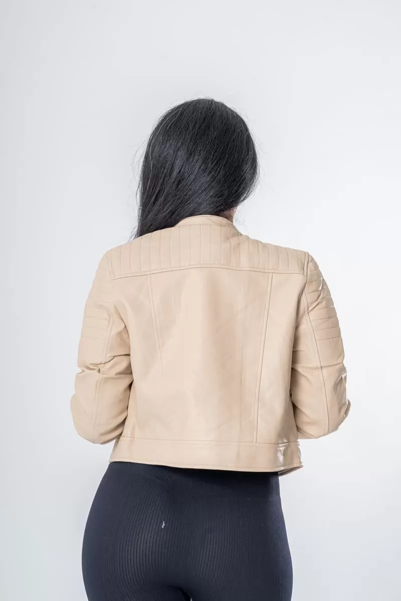 Veste en cuir épaules matelassées beige
