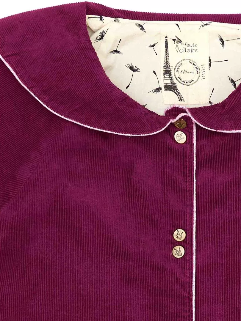 Veste Intersaison Fille  Col Marin  Velours Prune  PIMPRENELLE - 'LA FAUTE A VOLTAIRE' - Bordeaux