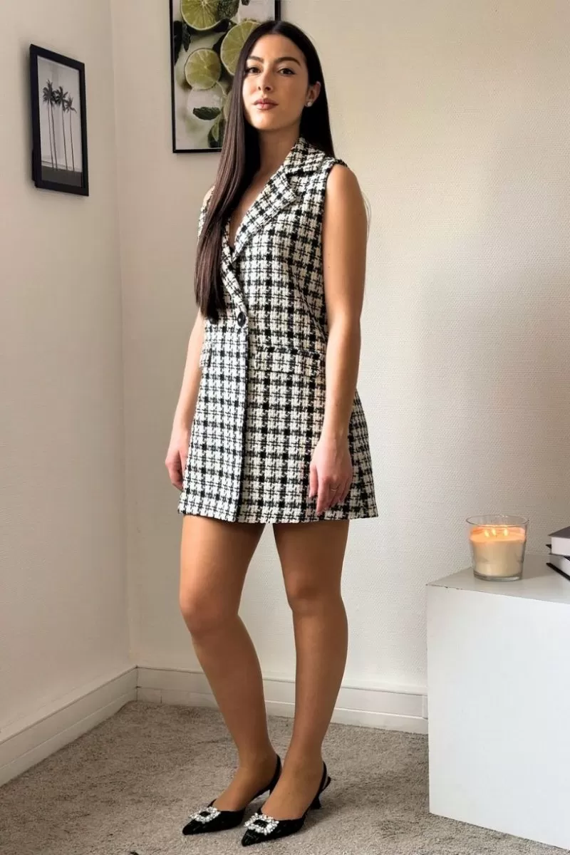 Veste mi-longue sans manches pied-de-poule blanc