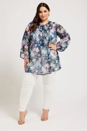 YOURS LONDON - Blouse Bleue Marine Floral Manches Longues