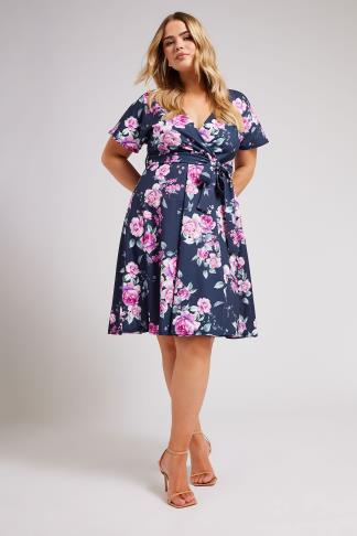 YOURS LONDON - Robe Bleue Marine Floral Cache-Coeur