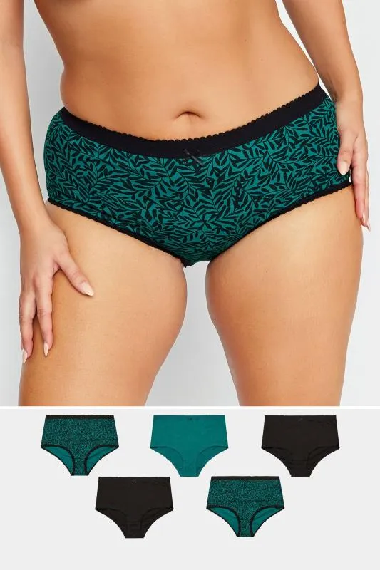 YOURS - Lot de 5 Culottes Vertes Sarcelle & Noires Feuilles
