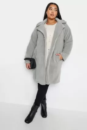 YOURS - Manteau Gris Midi Fausse Fourrure