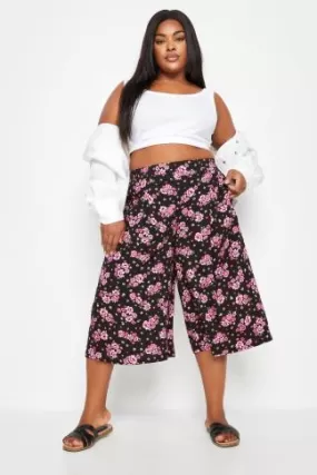 YOURS - Pantalon Jupe-Culotte Noir en Design Floral Rose