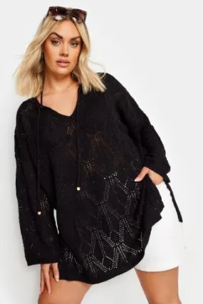YOURS - Pull Noir Design en Crochet Manches Longues