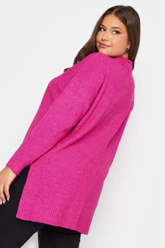 YOURS - Pull Rose Fushia en Maille Col & Fentes