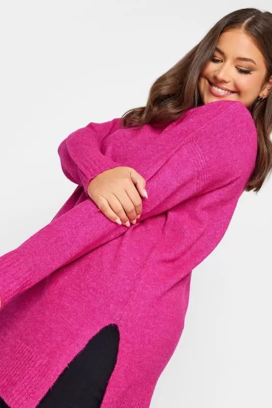 YOURS - Pull Rose Fushia en Maille Col & Fentes