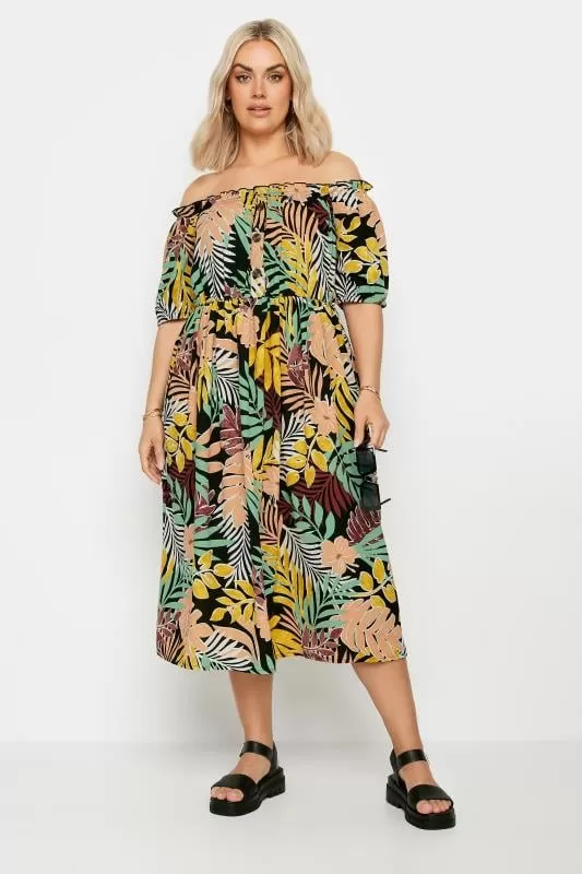 YOURS - Robe Midaxi Noire & Jaune Bardot Design Tropical