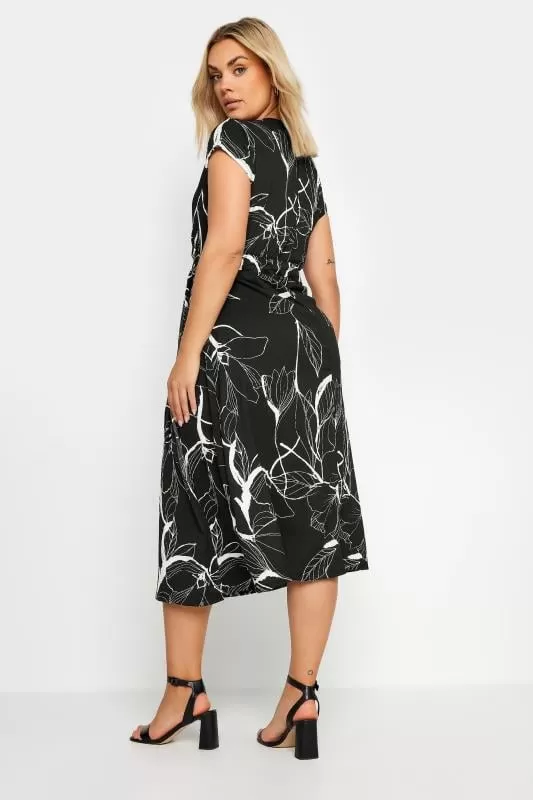 YOURS - Robe Midi Noire & Blanche Cache-Coeur Design Feuilles