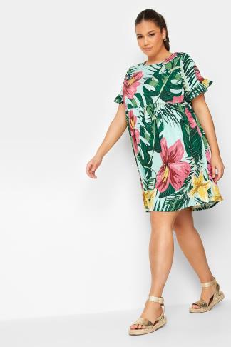 YOURS - Robe Midi Verte Menthe Floral Tropicale Rose & Jaune