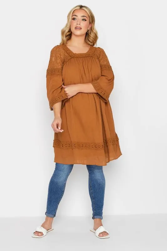 YOURS - Tunique Blouse Rouille Crochet & Dentelle